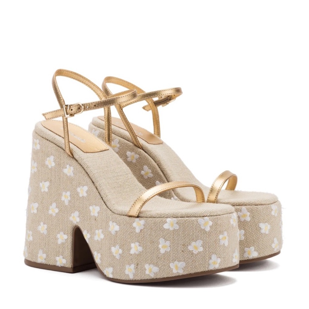 Larroude Wanda Platform Sandals in Gold Leather & Daisy Tan Raffia Rare - Picture 3 of 16